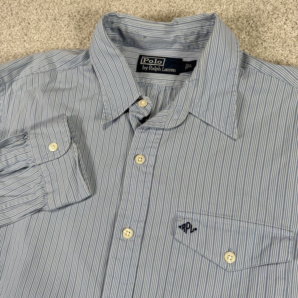 Polo Ralph Lauren LS Striped Sayer Shirt  Monogrammed Chest Pocket  Blue Large‎
